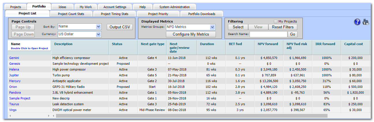 The project list and portfolio reporting tool